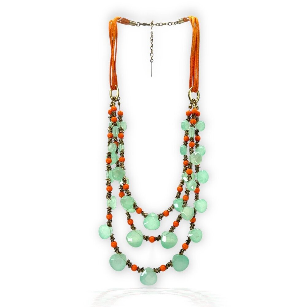 MYTHOLOGIE Statement Necklace Faux Turquoise Orange Beads Gold Costume Jewelry